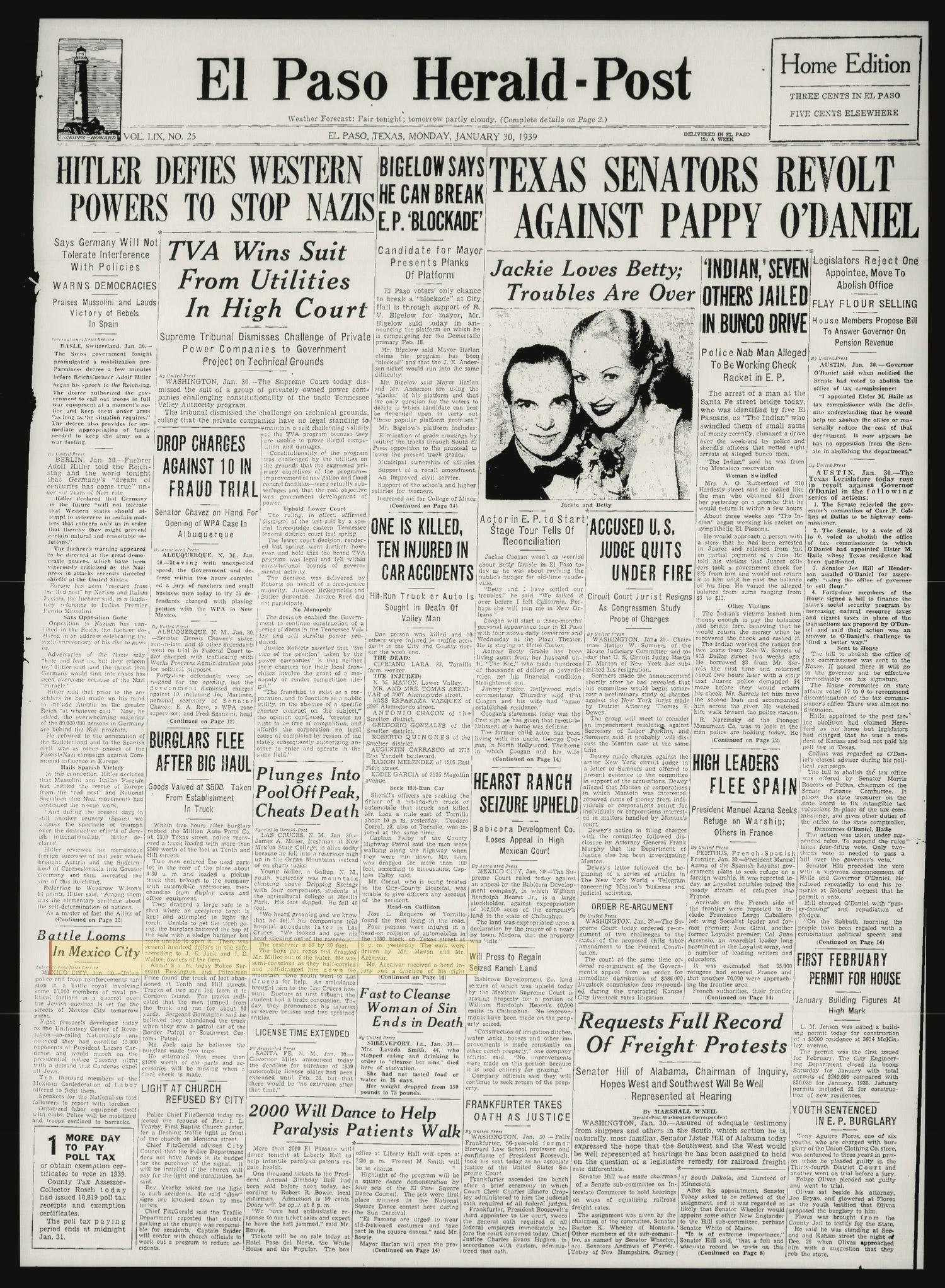 El Paso Herald-Post (El Paso, Tex.), Vol. 59, No. 25, Ed. 1 Monday, January 30, 1939